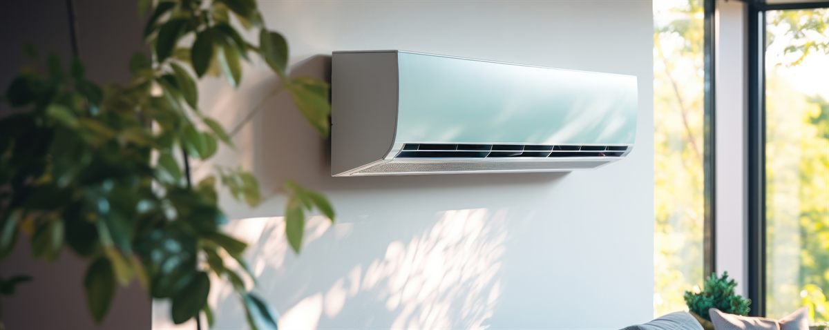 Wall-mounted air conditioning unit in a sunlit modern living room