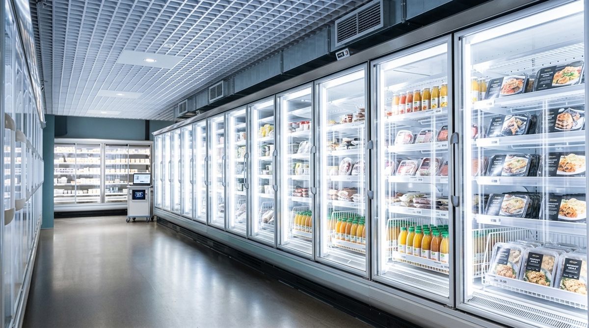 Glass-door commercial display fridges stocked with chilled food and drinks