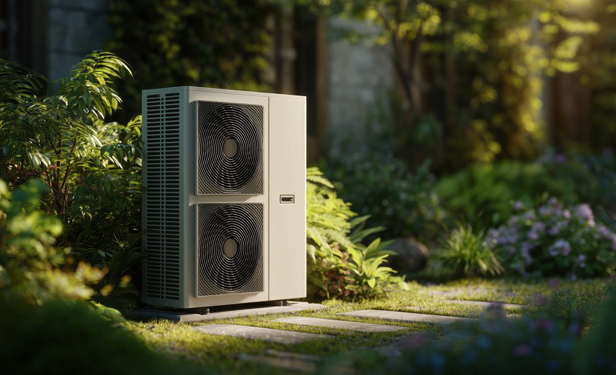 Energy-efficient heat pump outdoor unit installed in a landscaped garden