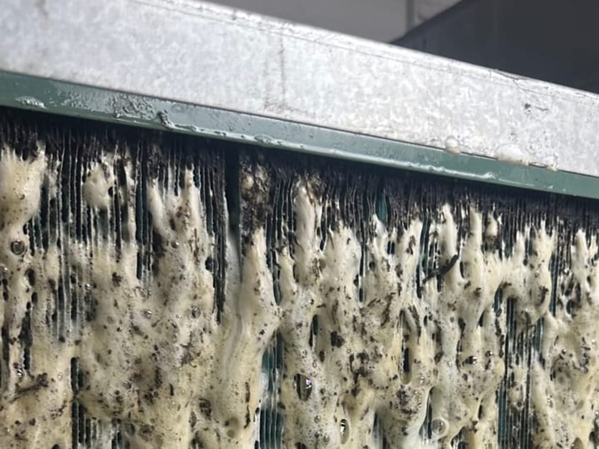 Deep foam clean of a commercial refrigeration coil.